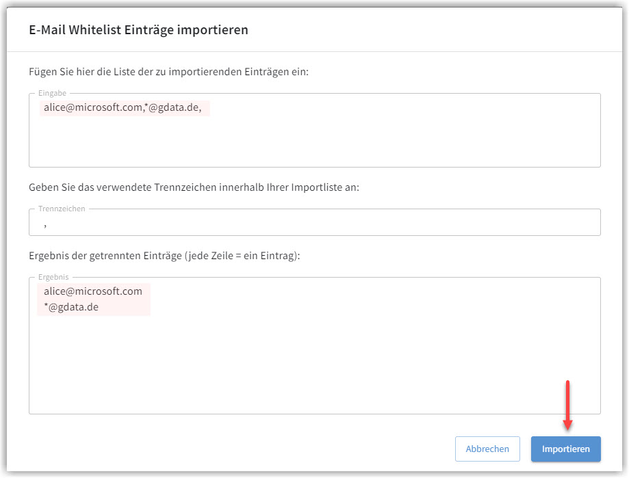 G DATA 365 | Mail Protection Import Einträge