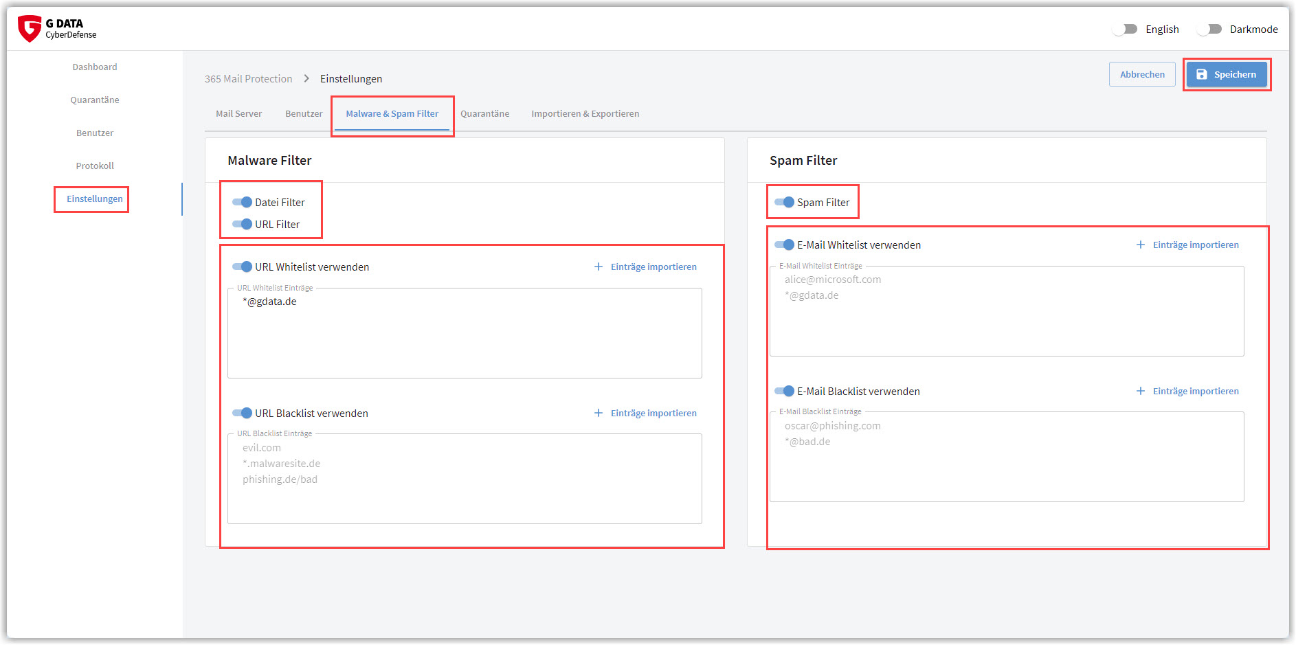 G DATA Web-Portal Einstellungen Malware & Spam Filter